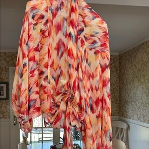 Women’s Multicolor Printed Blouse - Vibrant Red & Peach Pattern